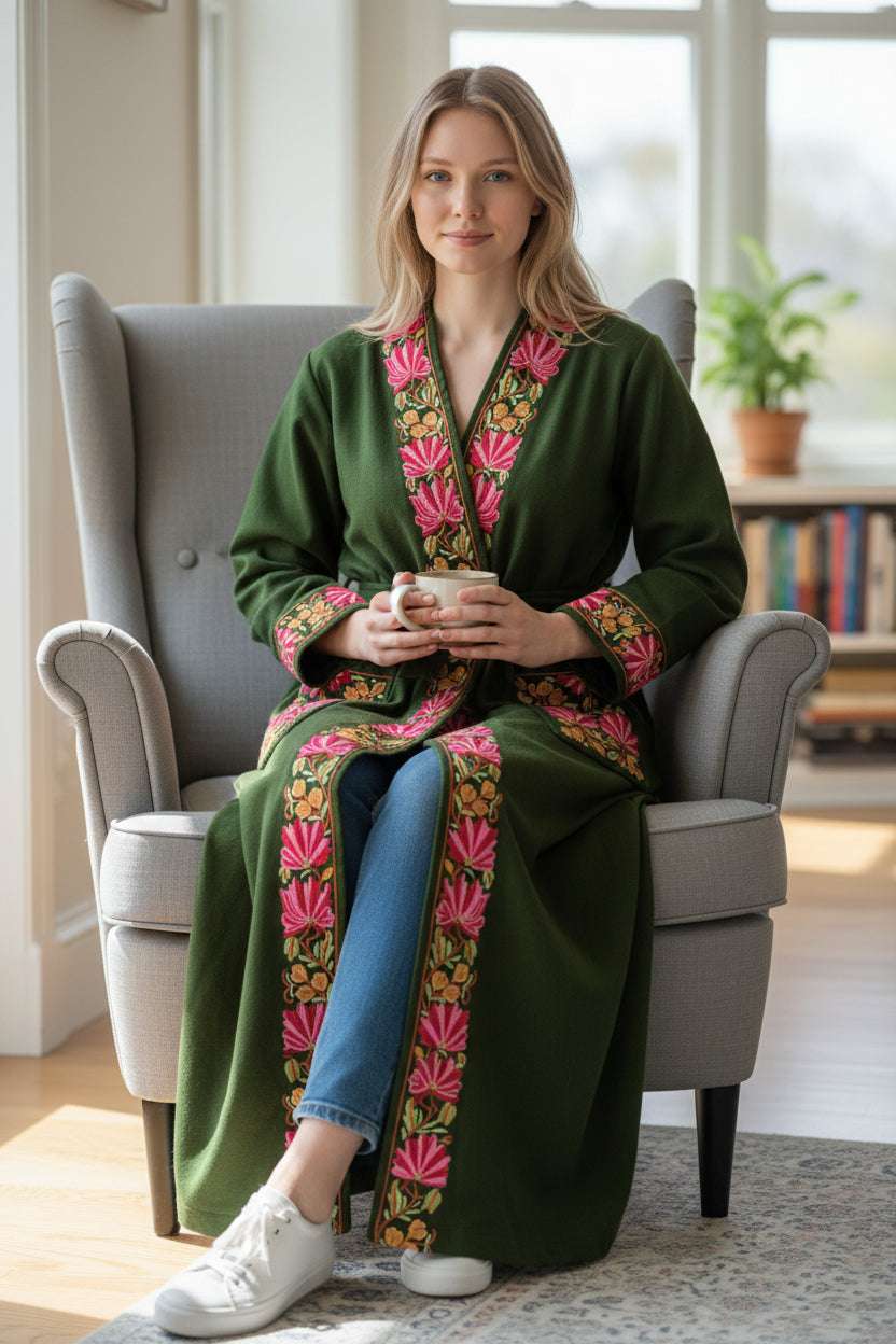 Women Woolen Nightgown Dressing Gown Maxi with Kashmiri Embroidery Free Size (Pure Wool, Light Green)