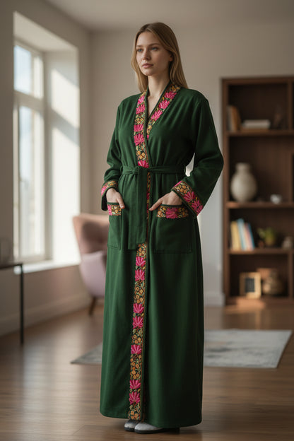 Women Woolen Nightgown Dressing Gown Maxi with Kashmiri Embroidery Free Size (Pure Wool, Light Green)