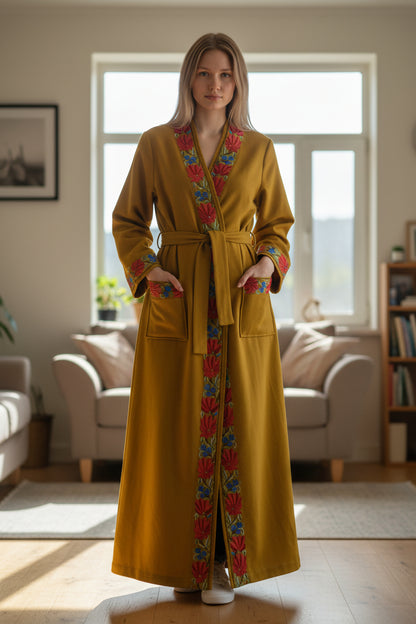 Women Woolen Nightgown Dressing Gown Maxi with Kashmiri Embroidery Free Size (Pure Wool, Mustard)