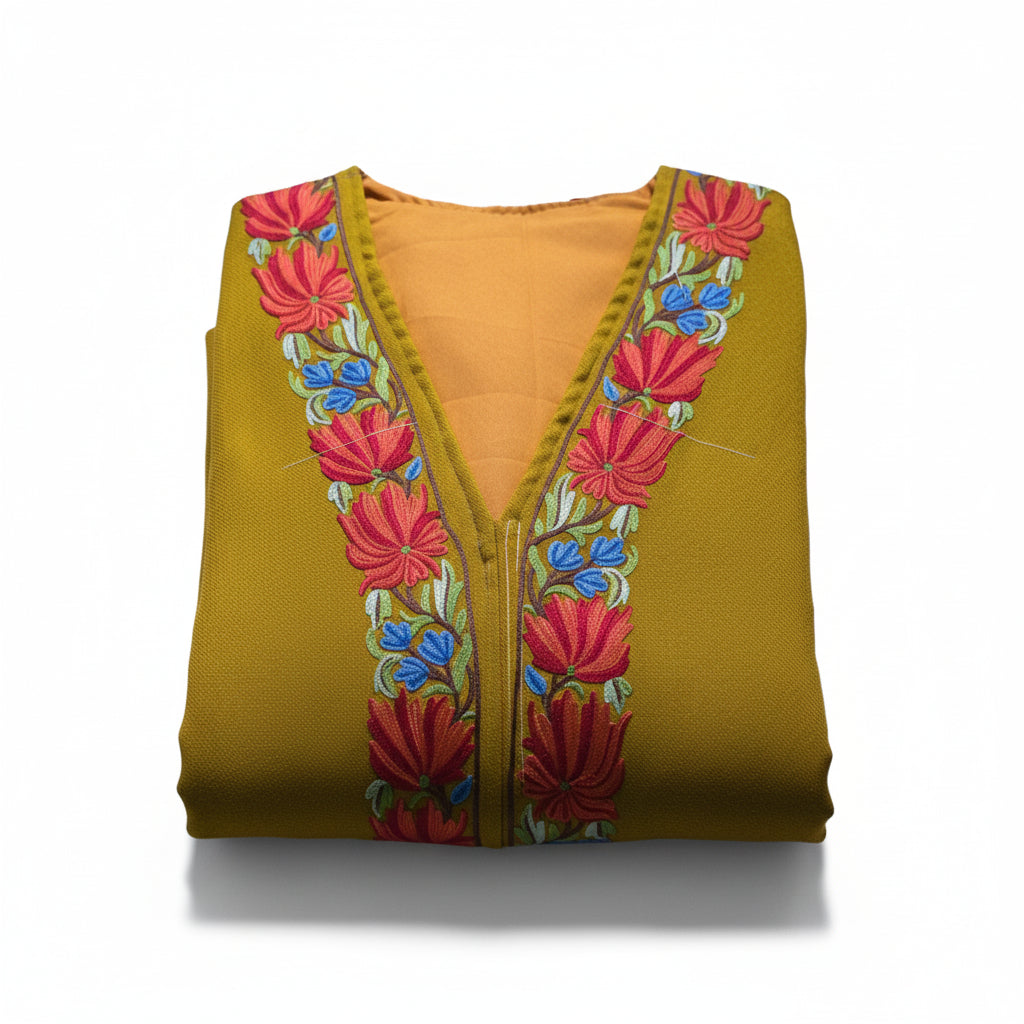 Women Woolen Nightgown Dressing Gown Maxi with Kashmiri Embroidery Free Size (Pure Wool, Mustard)