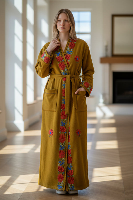 Women Woolen Nightgown Dressing Gown Maxi with Kashmiri Embroidery Free Size (Pure Wool, Mustard)