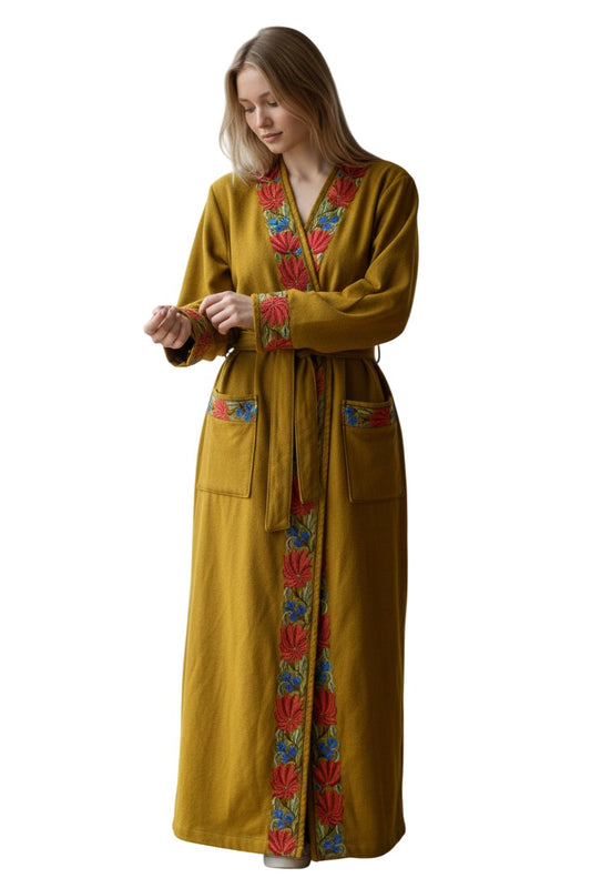 Women Woolen Nightgown Dressing Gown Maxi with Kashmiri Embroidery Free Size (Pure Wool, Mustard)