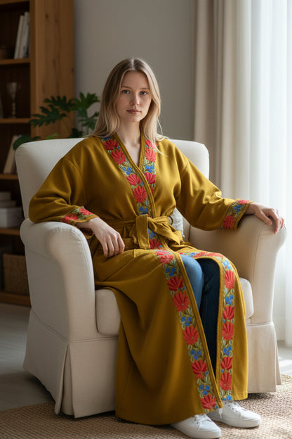 Women Woolen Nightgown Dressing Gown Maxi with Kashmiri Embroidery Free Size (Pure Wool, Mustard)