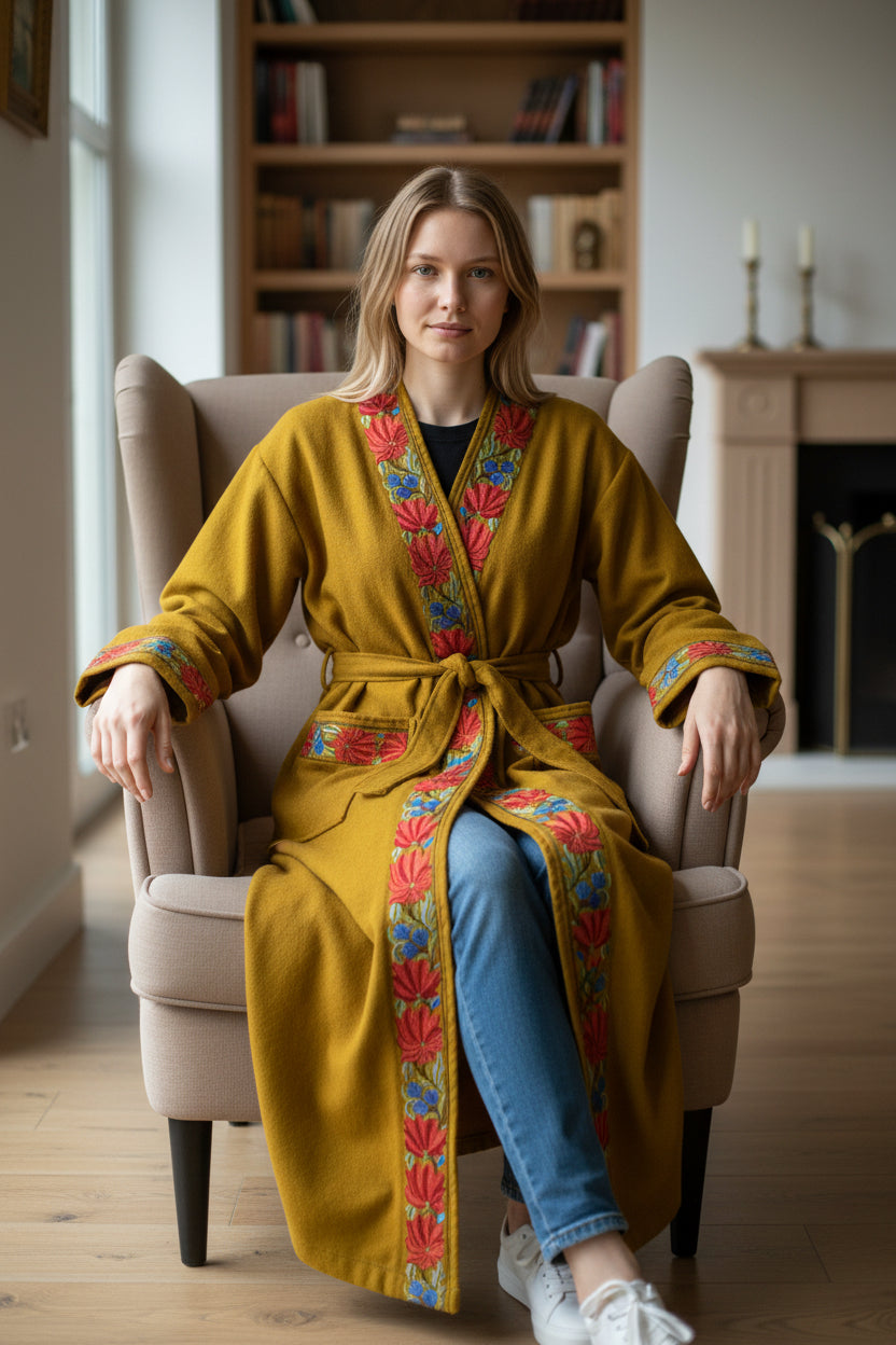 Women Woolen Nightgown Dressing Gown Maxi with Kashmiri Embroidery Free Size (Pure Wool, Mustard)