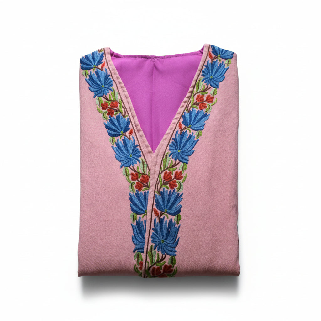 Women Woolen Nightgown Dressing Gown Maxi with Kashmiri Embroidery Free Size (Pure Wool, Pink)