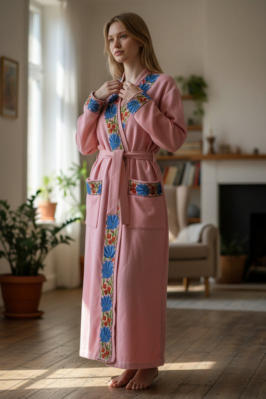 Women Woolen Nightgown Dressing Gown Maxi with Kashmiri Embroidery Free Size (Pure Wool, Pink)