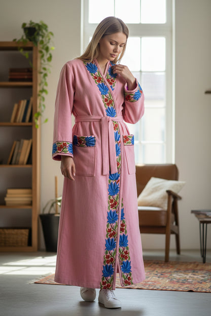Women Woolen Nightgown Dressing Gown Maxi with Kashmiri Embroidery Free Size (Pure Wool, Pink)