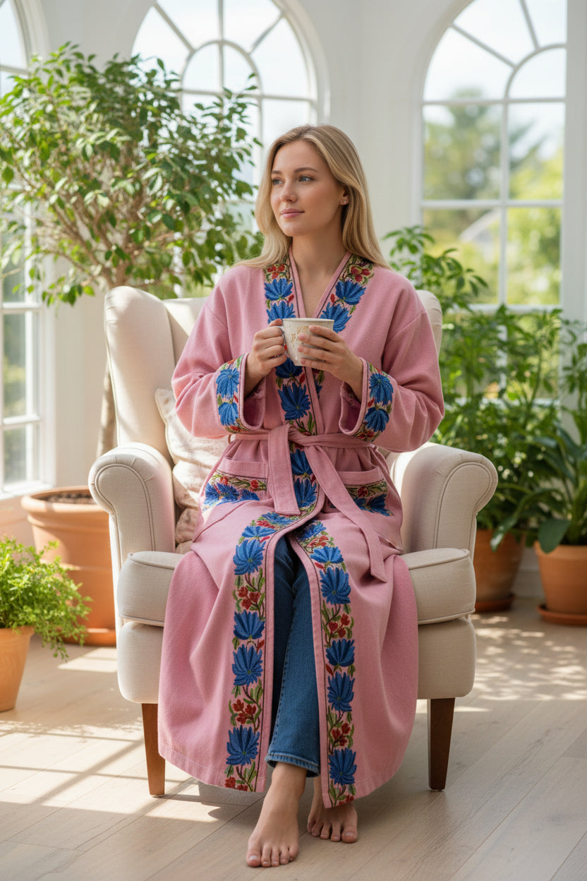 Women Woolen Nightgown Dressing Gown Maxi with Kashmiri Embroidery Free Size (Pure Wool, Pink)