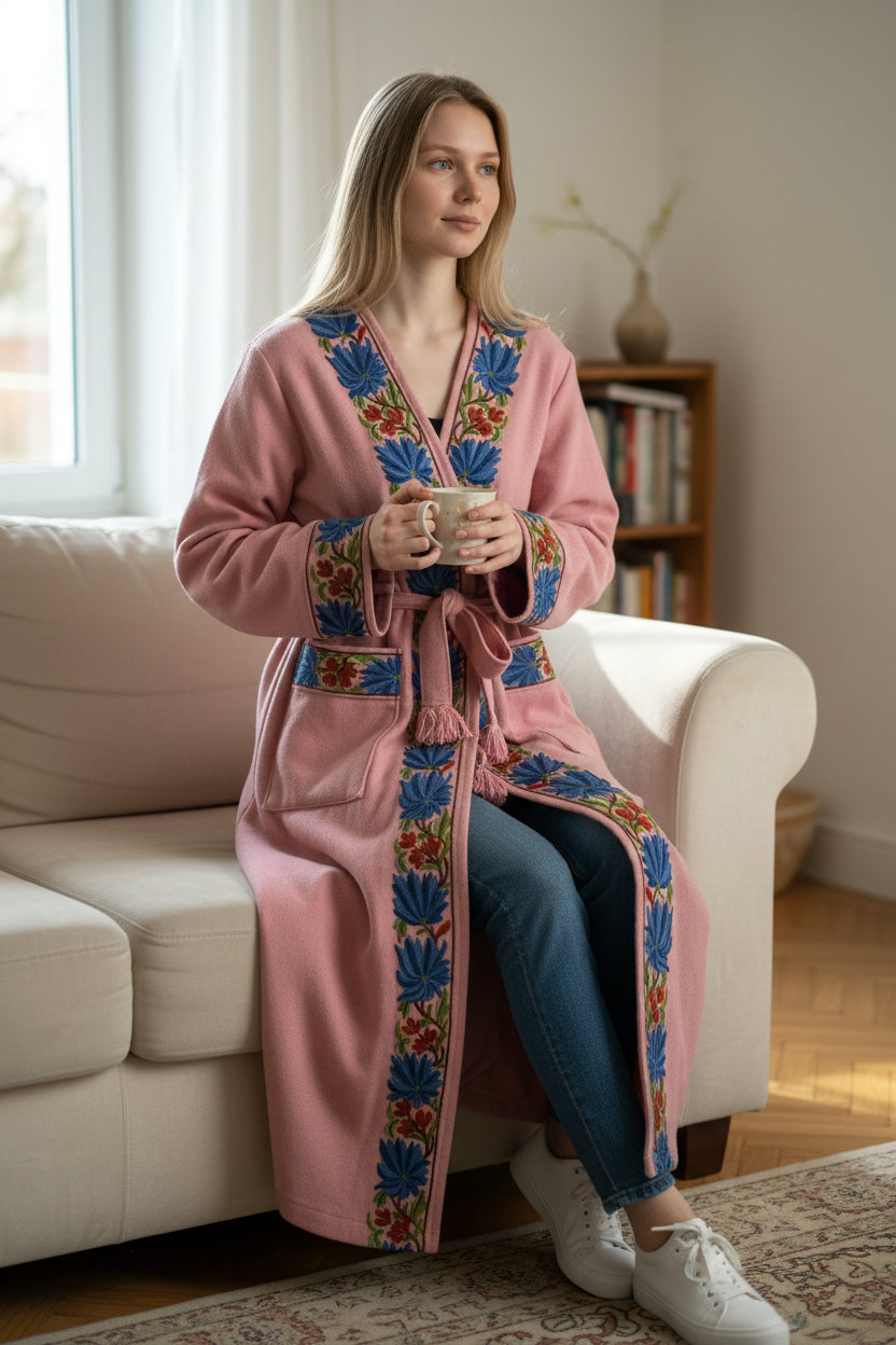 Women Woolen Nightgown Dressing Gown Maxi with Kashmiri Embroidery Free Size (Pure Wool, Pink)