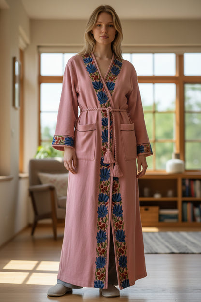 Women Woolen Nightgown Dressing Gown Maxi with Kashmiri Embroidery Free Size (Pure Wool, Pink)