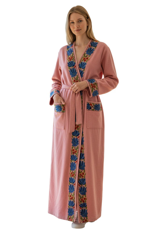 Women Woolen Nightgown Dressing Gown Maxi with Kashmiri Embroidery Free Size (Pure Wool, Pink)