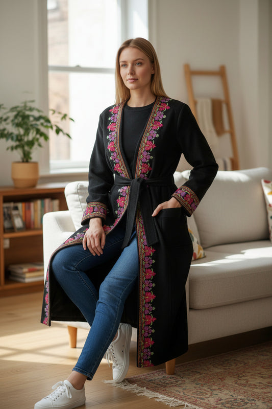 Women Woolen Nightgown Dressing Gown Maxi with Kashmiri Embroidery Free Size (Pure Wool, Black4)