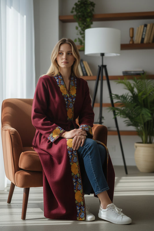 Women Woolen Nightgown Dressing Gown Maxi with Kashmiri Embroidery Free Size (Pure Wool, Maroon)