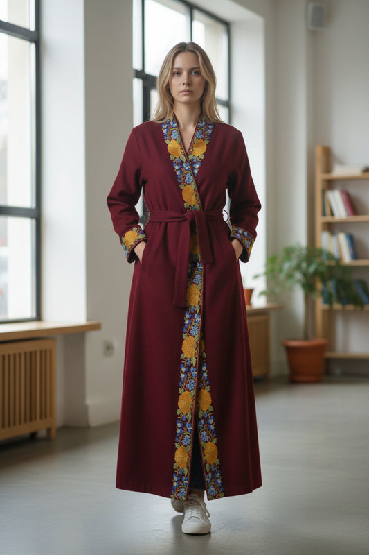 Women Woolen Nightgown Dressing Gown Maxi with Kashmiri Embroidery Free Size (Pure Wool, Maroon)
