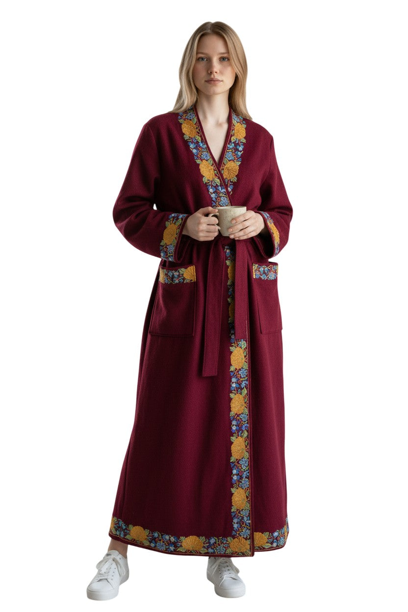 Women Woolen Nightgown Dressing Gown Maxi with Kashmiri Embroidery Free Size (Pure Wool, Maroon)