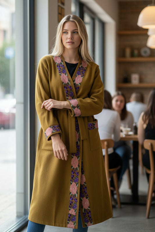 Women Woolen Nightgown Dressing Gown Maxi with Kashmiri Embroidery Free Size (Pure Wool, Mustard3)