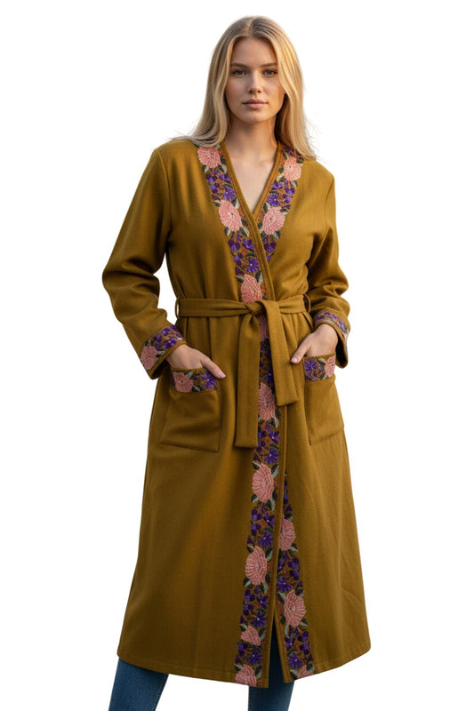 Women Woolen Nightgown Dressing Gown Maxi with Kashmiri Embroidery Free Size (Pure Wool, Mustard3)