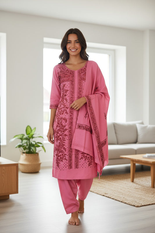 Women Woolen Kashmiri Suits Semi Pashmina (Pink-2)