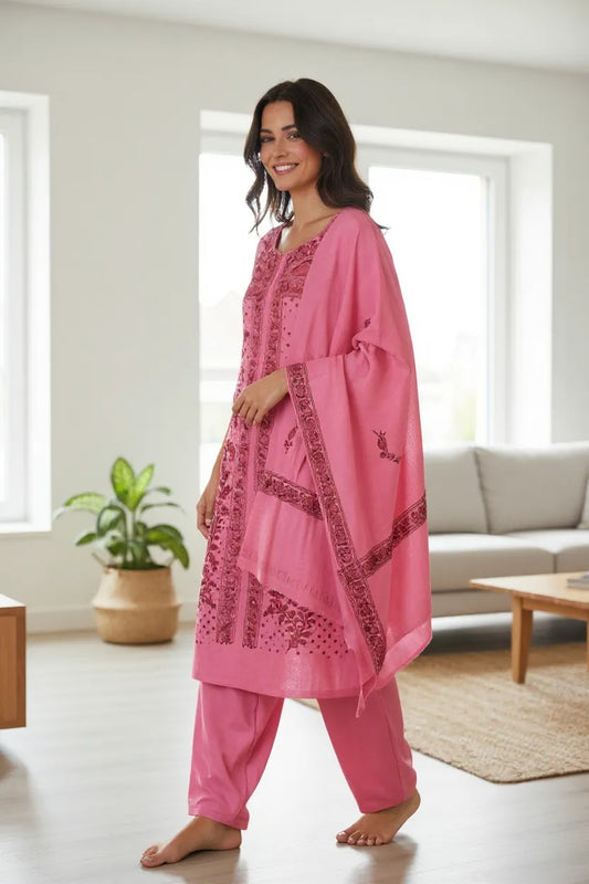 Women Woolen Kashmiri Suits Semi Pashmina (Pink-2)