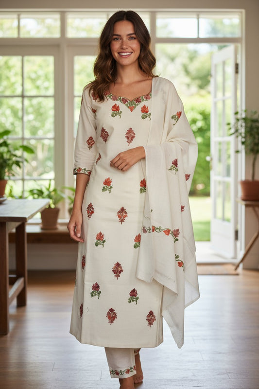 Kashmir Gallery Women Woolen Kashmiri Suits Semi Pashmina (OffWhite-5)