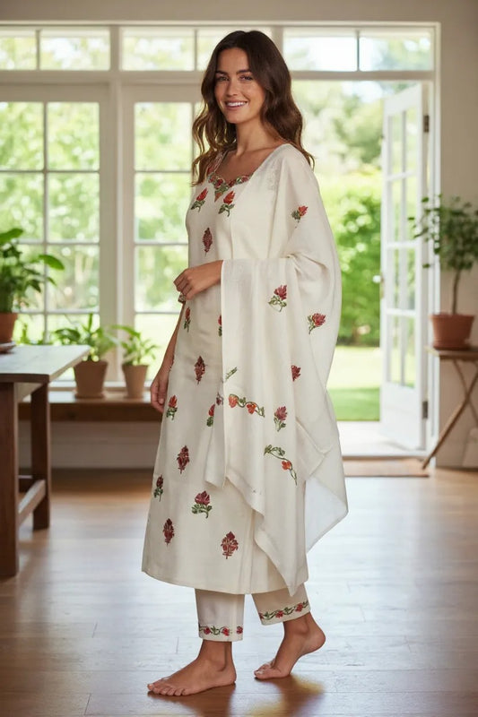 Kashmir Gallery Women Woolen Kashmiri Suits Semi Pashmina (OffWhite-5)