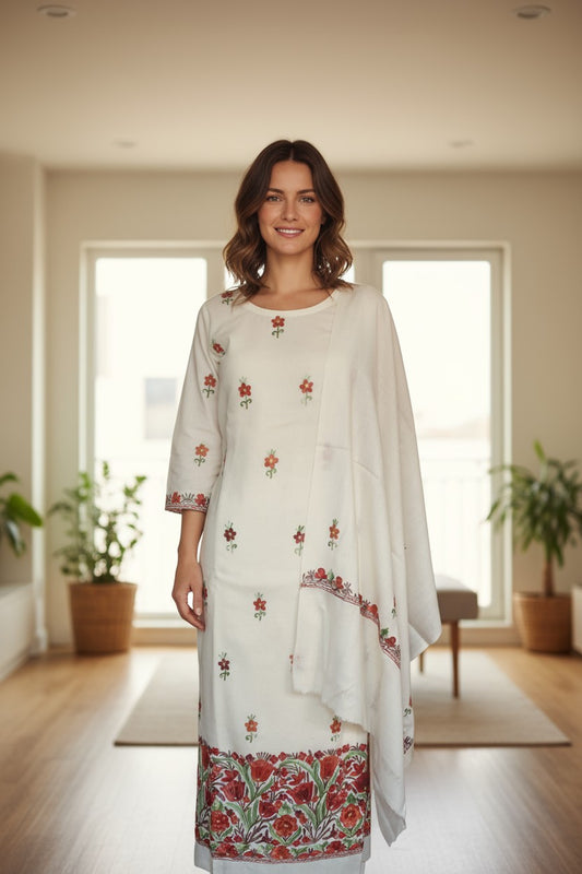 Women Woolen Kashmiri Suits Semi Pashmina (OffWhite-6)
