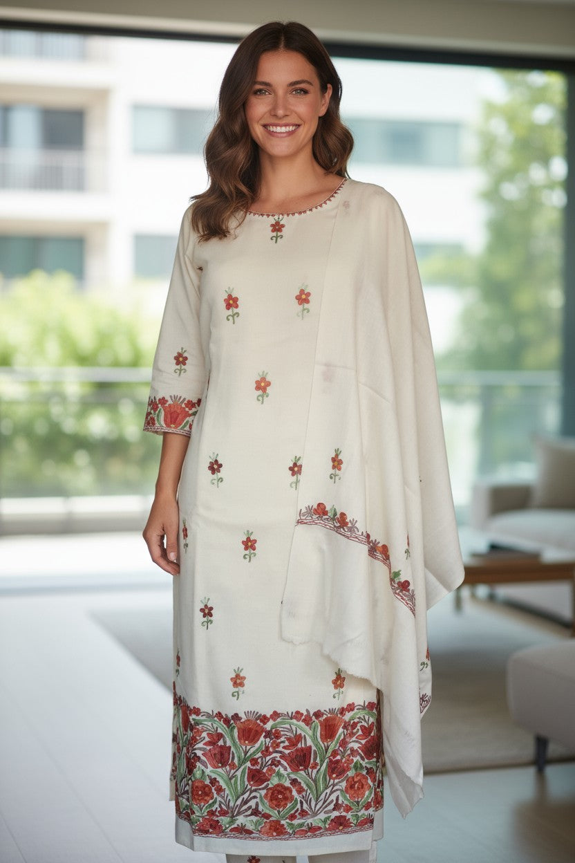Women Woolen Kashmiri Suits Semi Pashmina (OffWhite-6)