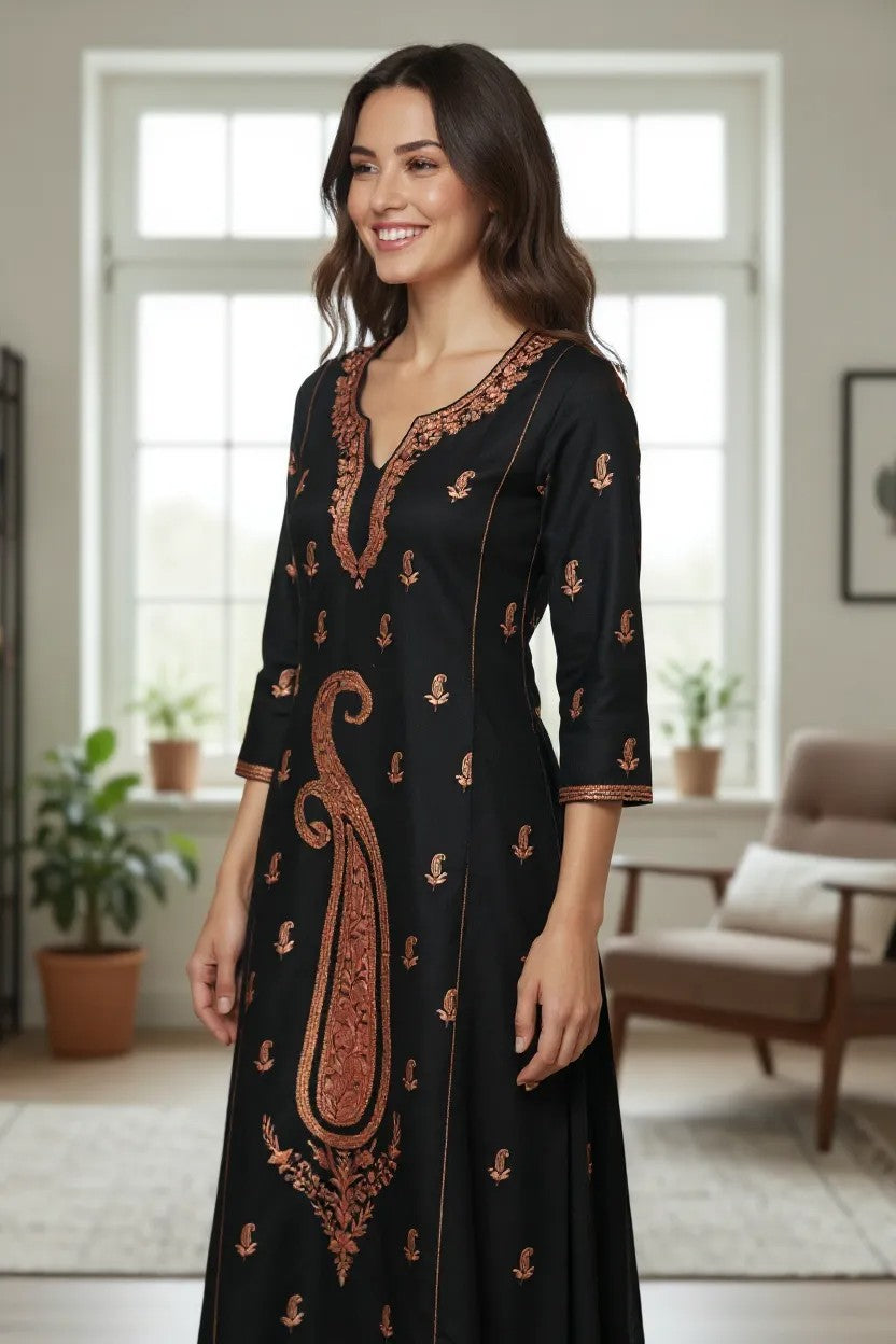 Women Woolen Kashmiri Suits Semi Pashmina (Black-3)