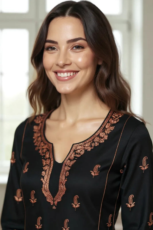 Women Woolen Kashmiri Suits Semi Pashmina (Black-3)