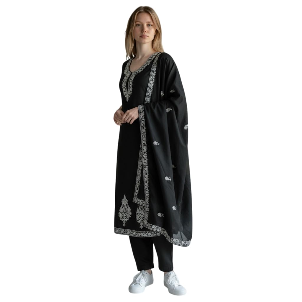 Women Woolen Kashmiri Suits Semi Pashmina Aari Embroidery  - Black