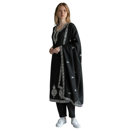 Women Woolen Kashmiri Suits Semi Pashmina Aari Embroidery  - Black