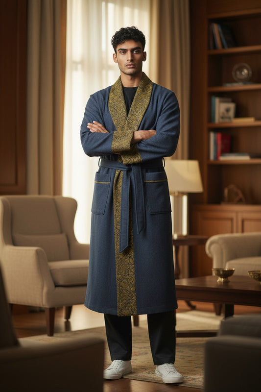 Men Woolen Nightgown Dressing Gown Sleep And Lounge Wear With Kashmiri Embroidery Free Size - Air Force Blue