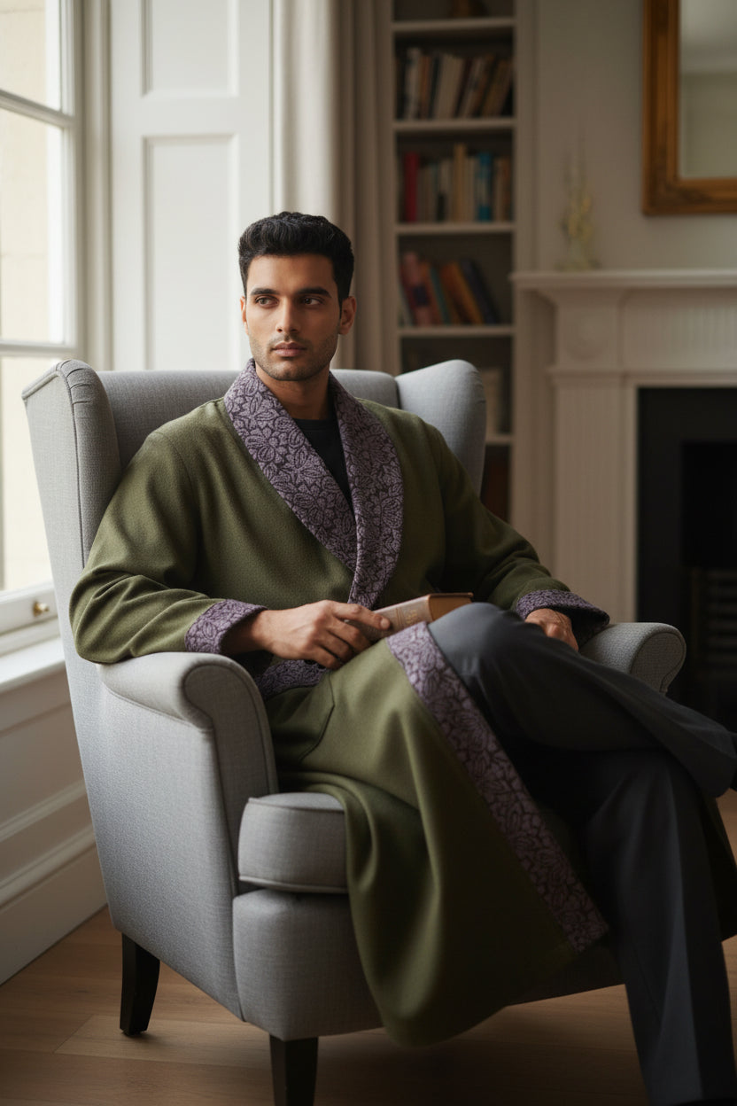 Men Woolen Nightgown Dressing Gown Sleep And Lounge Wear With Kashmiri Embroidery Free Size - Dark Grey