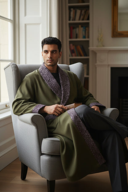 Men Woolen Nightgown Dressing Gown Sleep And Lounge Wear With Kashmiri Embroidery Free Size - Dark Grey
