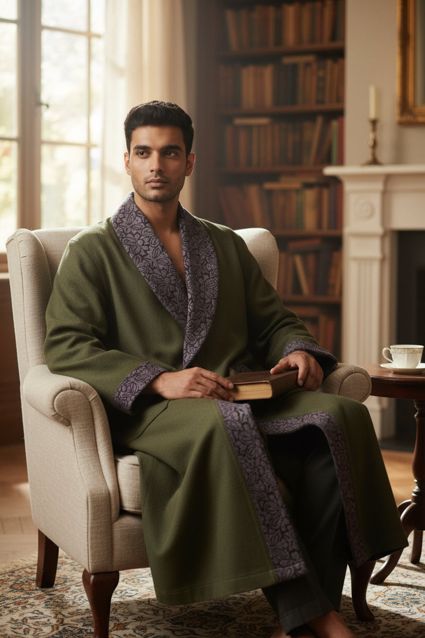Men Woolen Nightgown Dressing Gown Sleep And Lounge Wear With Kashmiri Embroidery Free Size - Dark Grey
