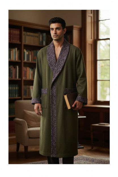 Men Woolen Nightgown Dressing Gown Sleep And Lounge Wear With Kashmiri Embroidery Free Size - Dark Grey