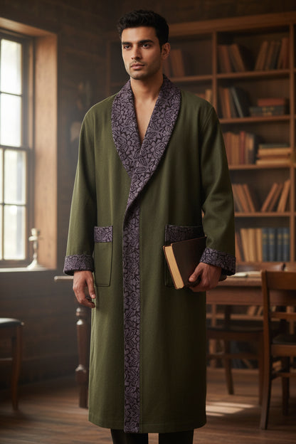 Men Woolen Nightgown Dressing Gown Sleep And Lounge Wear With Kashmiri Embroidery Free Size - Dark Grey