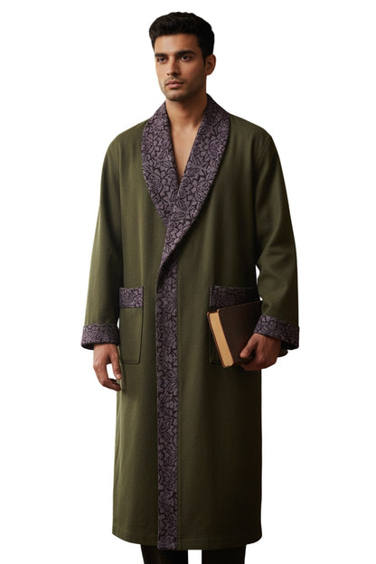 Men Woolen Nightgown Dressing Gown Sleep And Lounge Wear With Kashmiri Embroidery Free Size - Dark Grey