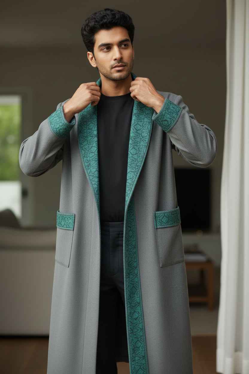 Men Woolen Nightgown Dressing Gown Sleep And Lounge Wear With Kashmiri Embroidery Free Size - Light Blue