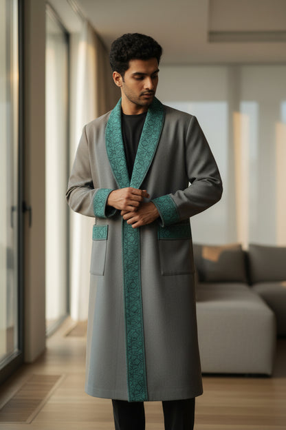 Men Woolen Nightgown Dressing Gown Sleep And Lounge Wear With Kashmiri Embroidery Free Size - Light Blue