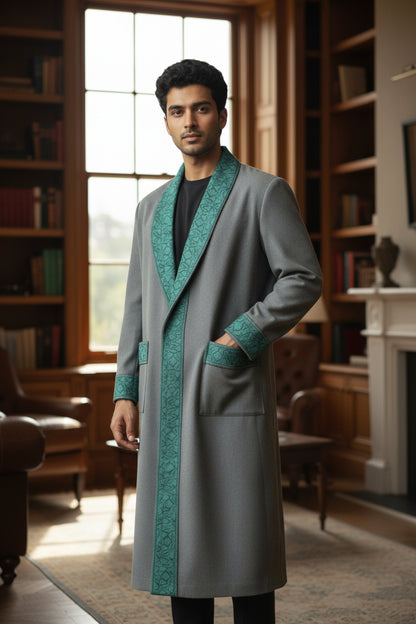 Men Woolen Nightgown Dressing Gown Sleep And Lounge Wear With Kashmiri Embroidery Free Size - Light Blue