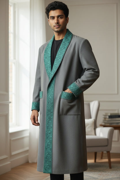 Men Woolen Nightgown Dressing Gown Sleep And Lounge Wear With Kashmiri Embroidery Free Size - Light Blue