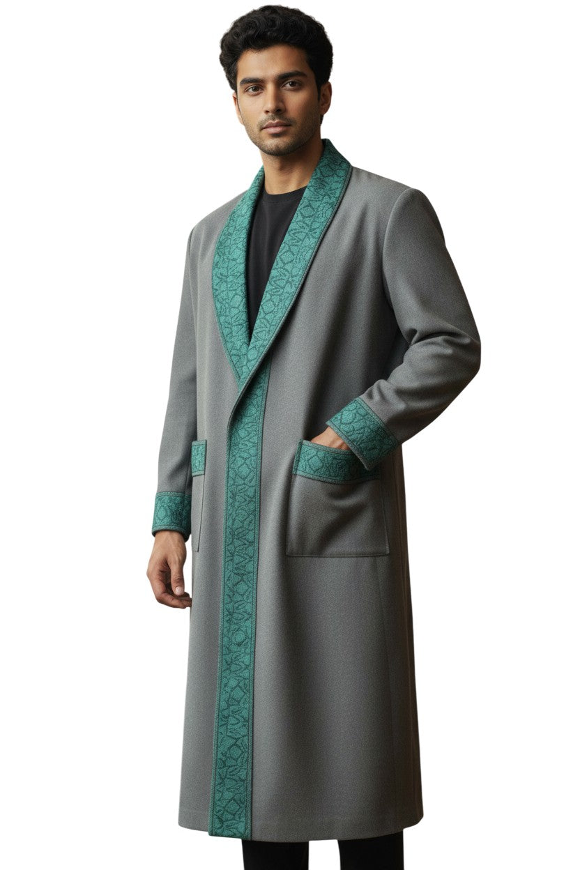 Men Woolen Nightgown Dressing Gown Sleep And Lounge Wear With Kashmiri Embroidery Free Size - Light Blue
