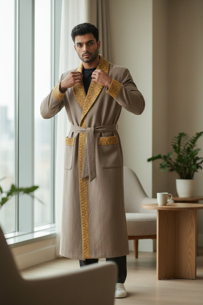 Men Woolen Nightgown Dressing Gown Sleep And Lounge Wear With Kashmiri Embroidery Free Size - Beige6