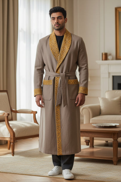 Men Woolen Nightgown Dressing Gown Sleep And Lounge Wear With Kashmiri Embroidery Free Size - Beige6