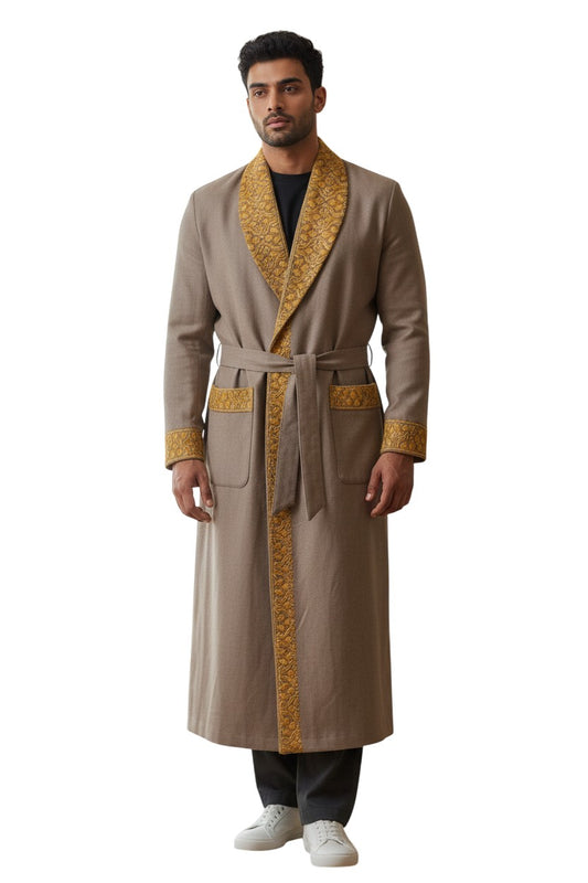 Men Woolen Nightgown Dressing Gown Sleep And Lounge Wear With Kashmiri Embroidery Free Size - Beige6