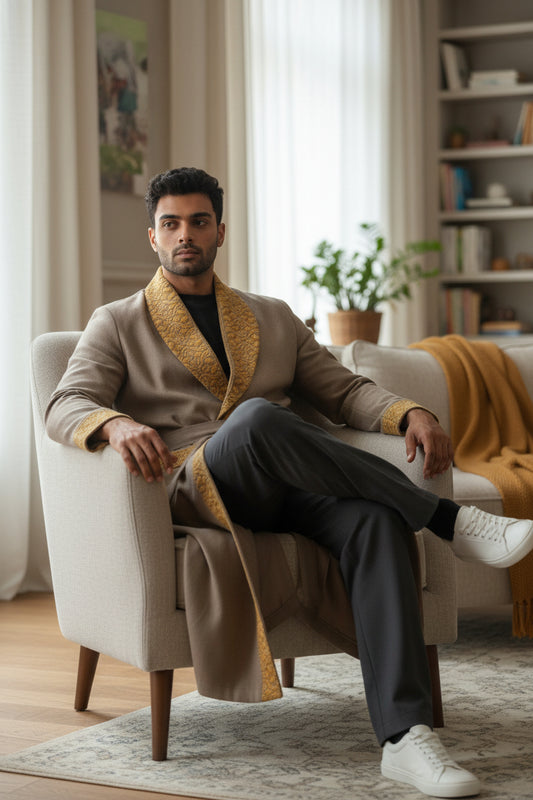 Men Woolen Nightgown Dressing Gown Sleep And Lounge Wear With Kashmiri Embroidery Free Size - Beige6