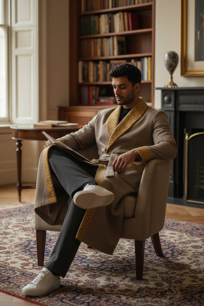 Men Woolen Nightgown Dressing Gown Sleep And Lounge Wear With Kashmiri Embroidery Free Size - Beige6