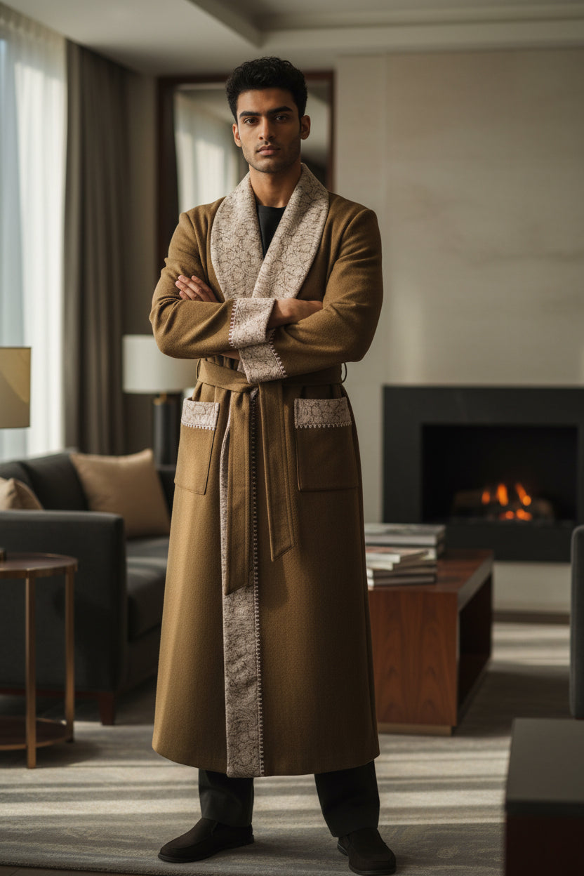 Men Woolen Nightgown Dressing Gown Sleep And Lounge Wear With Kashmiri Embroidery Free Size - Beige8
