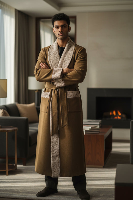 Men Woolen Nightgown Dressing Gown Sleep And Lounge Wear With Kashmiri Embroidery Free Size - Beige8